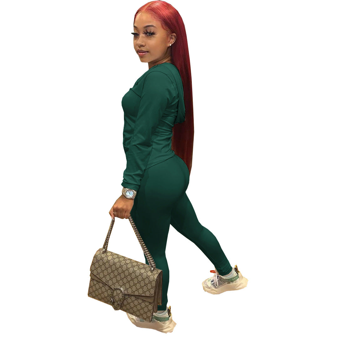 Women Summer Sports Hooded Full Sleeves Solid Pockets Regular Two Piece Pants Set 49