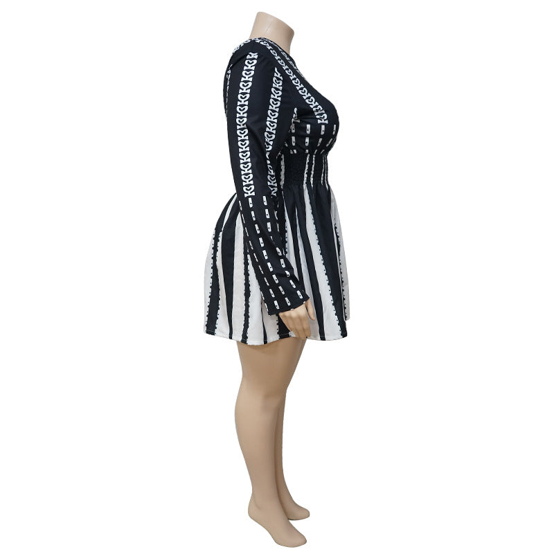 Plus Size Women Long Sleeve Round Neck Striped Dress 8