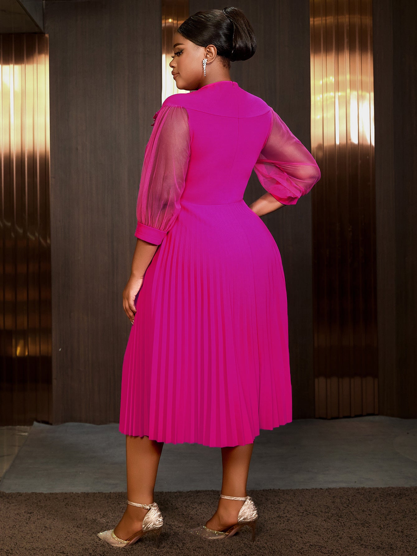 Plus Size Mesh Patchwork Lantern Formal Party Dress Career A-Line Pleated Dress 6