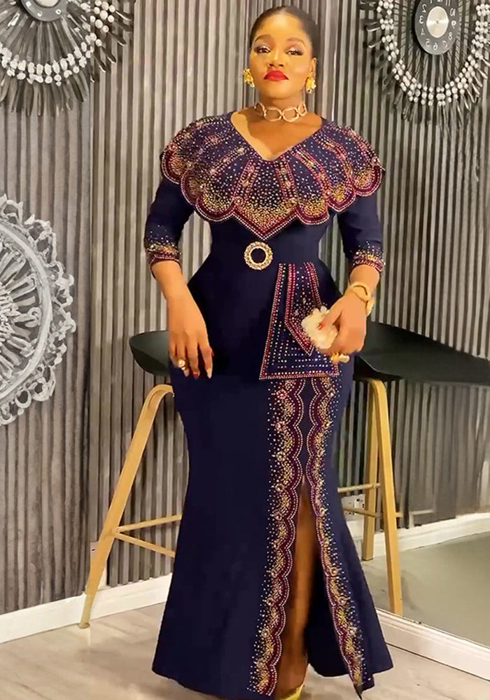 Africa Plus Size Women's Fashion Chic Elegant Formal Party Beaded V-Neck Dress