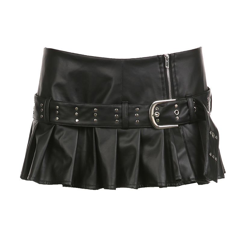 Punk rivet belt slit leather skirt fashion street sexy low waist a-line pleated skirt 6