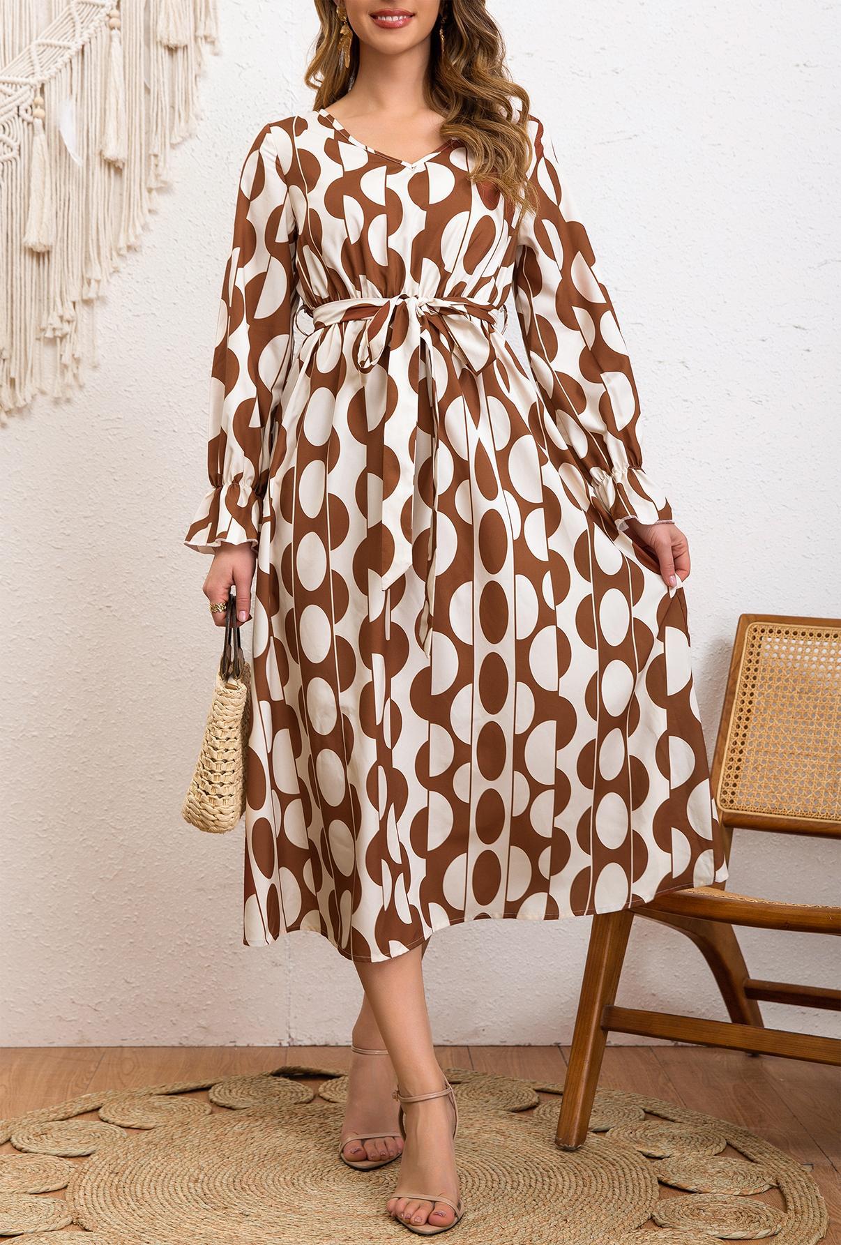 Women Holidays Geometric Print Lace-up Lotus Sleeve Long Sleeve Dress 3