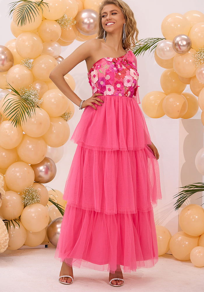 Rose Red One Shoulder Embroidery Summer Party Long Dress