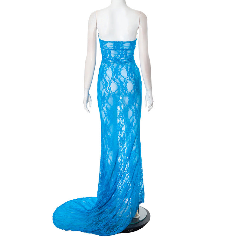 Women Mesh Lace-Up Strapless Dress 13