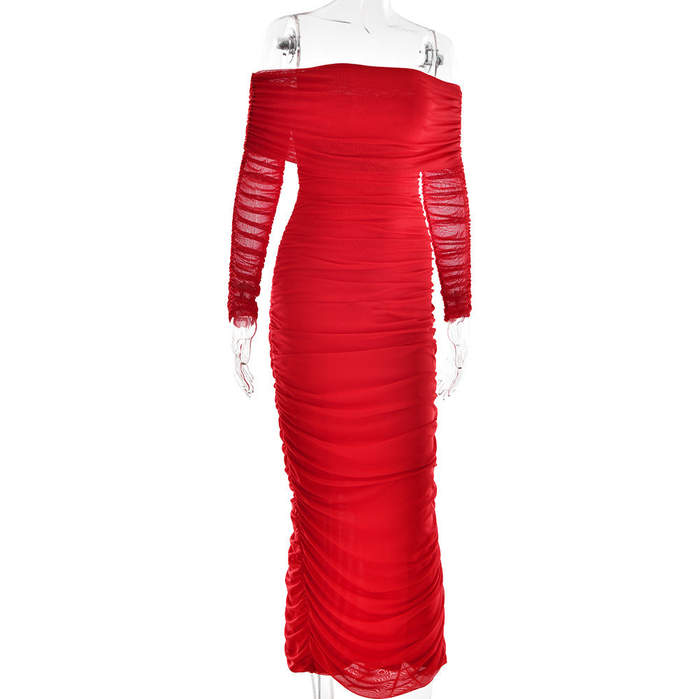 Women Autumn Bodycon Sexy Mesh Off Shoulder Gathered Dress 25
