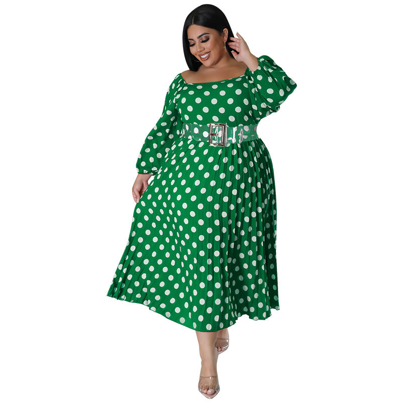 Plus Size Women'S Polka Dot Print Long Sleeve Pleated Dress With Belt 3