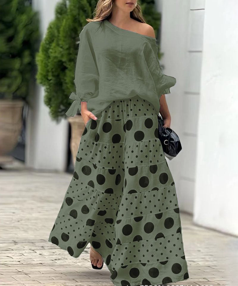 Women's Casual Slash Shoulder Top Printing Loose Pants Fashion 2-Piece Set 3