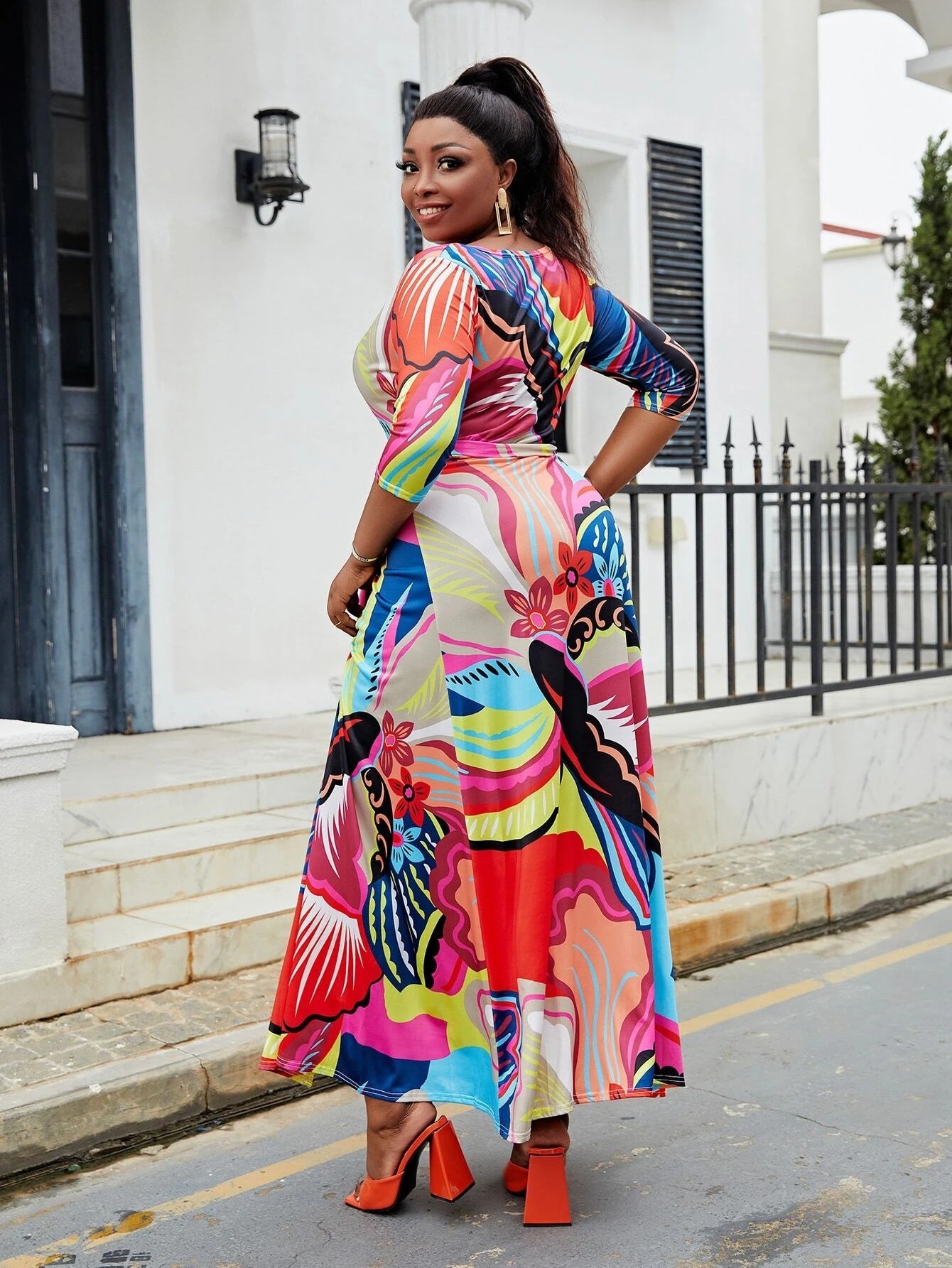 Plus Size Women's V-Neck Half-Sleeve Slit Bohemian Beach Long Dress 5