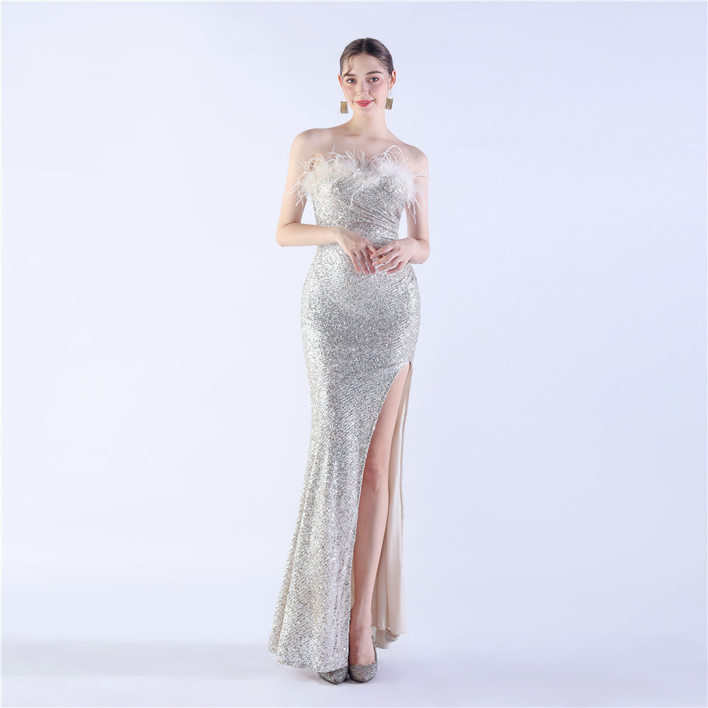 Fur Strapless Sexy Sequins Slit Evening Dress 9
