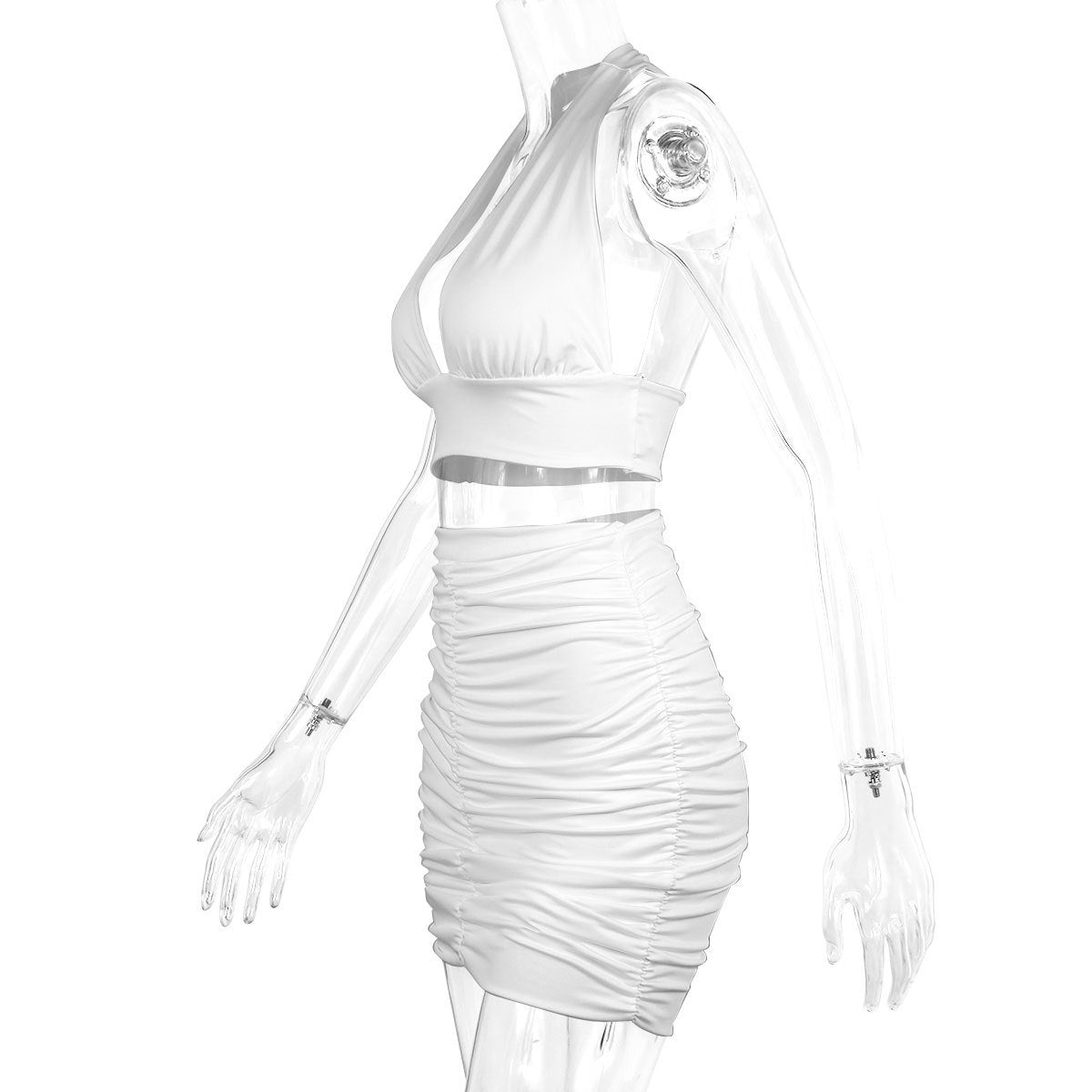 Women Halter Neck lace crop pleated v-neck top and Skirt two-piece set sexy 15