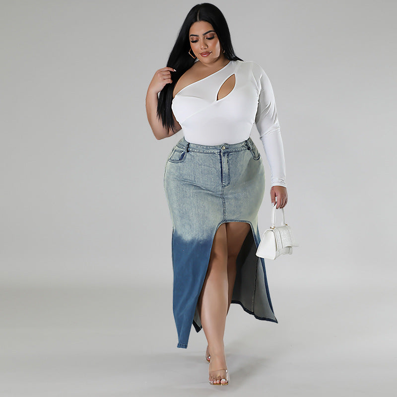 Plus Size Women Gradient Slit Denim Skirt 5