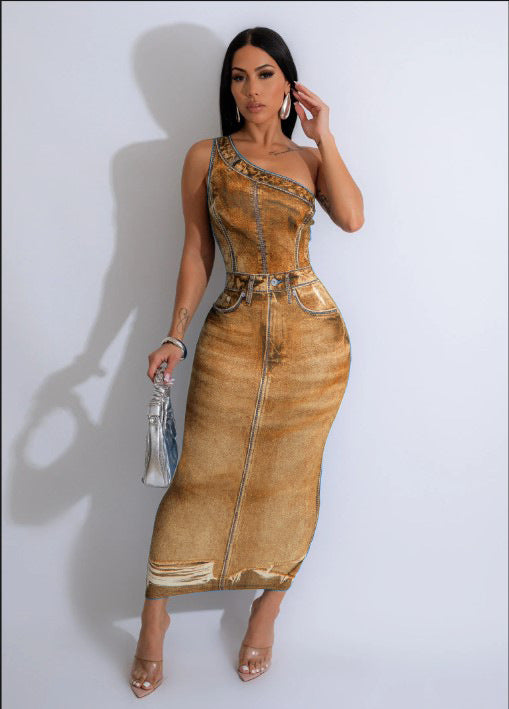 Women Prints Slash Shoulder Bodycon Dress 9