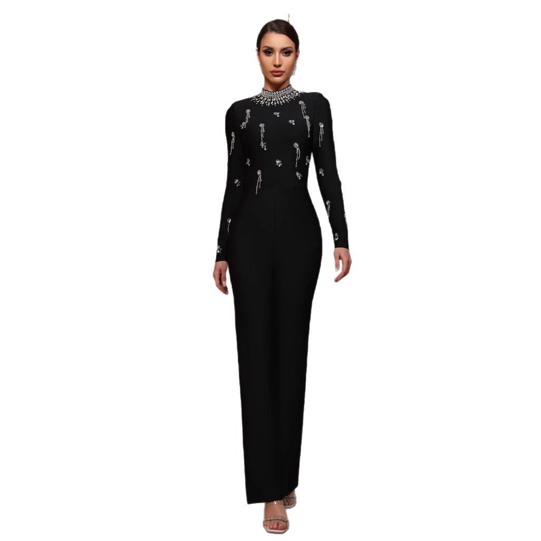 Women Black Long Sleeve Evening Bandage Beaded Bell Bottom Jumpsuit 6