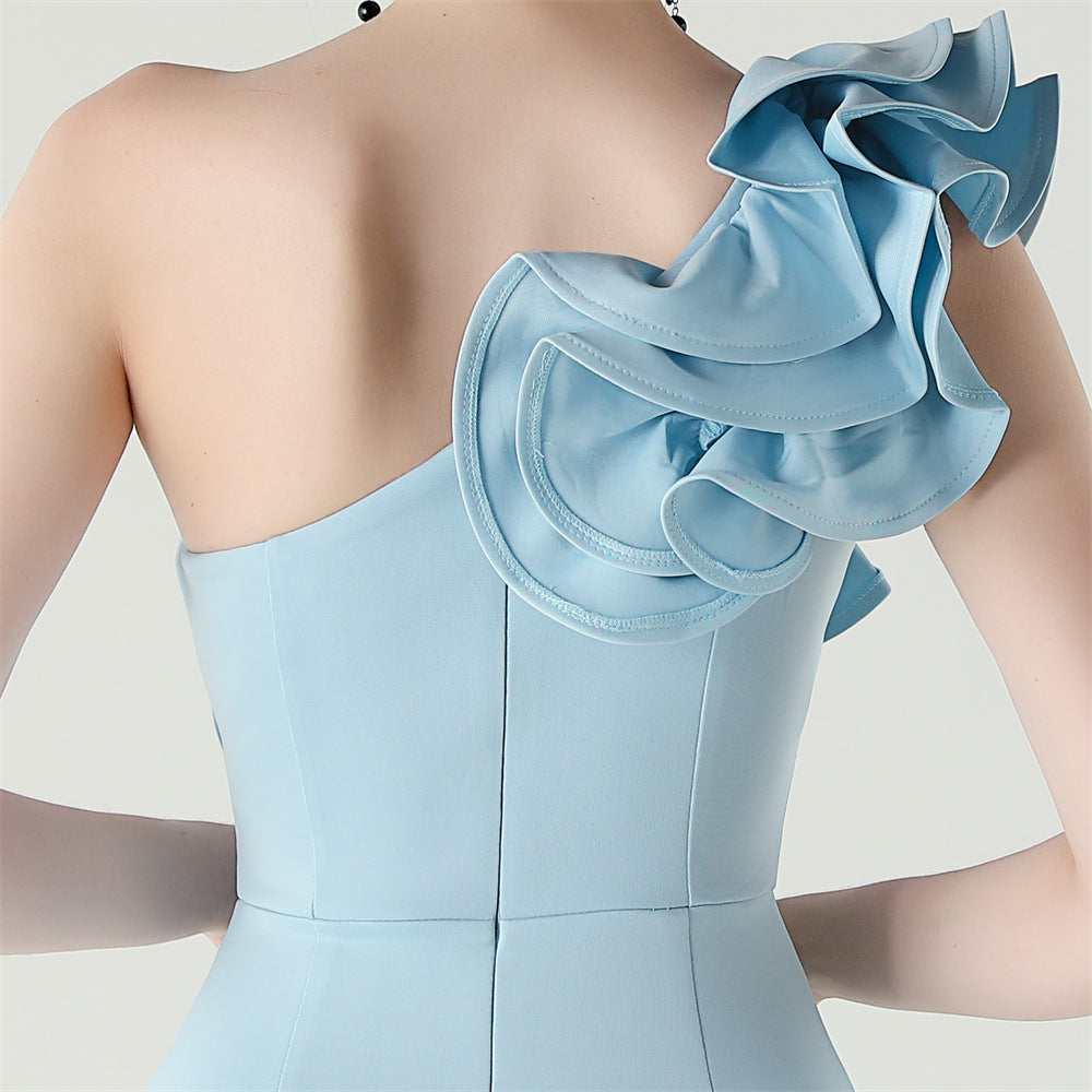 Women One-Shoulder Beaded Wool and Floral Satin Slit Sexy Evening Dress 65