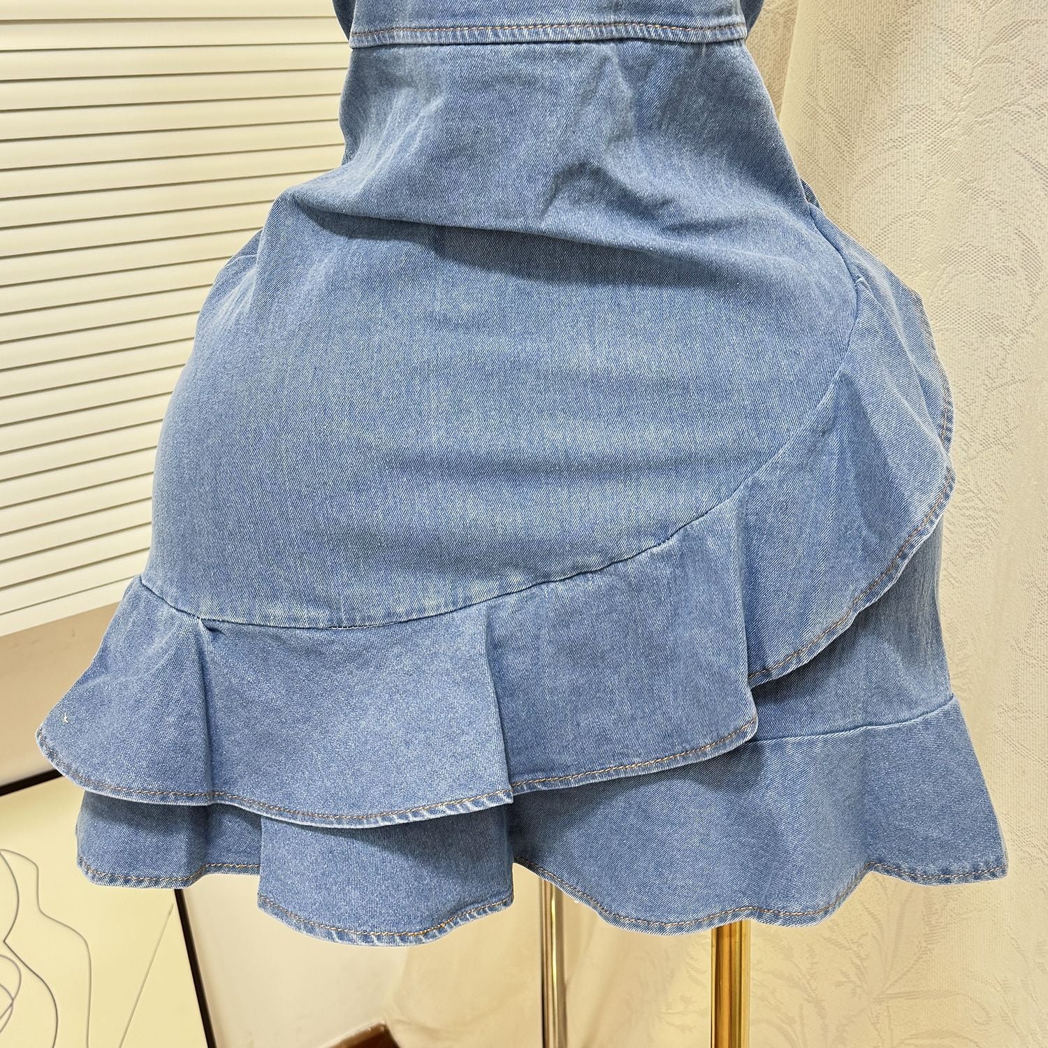 Women's Summer Elastic Slim Waist Sexy Denim Strap Ruffled Bodycon Short Dress 9