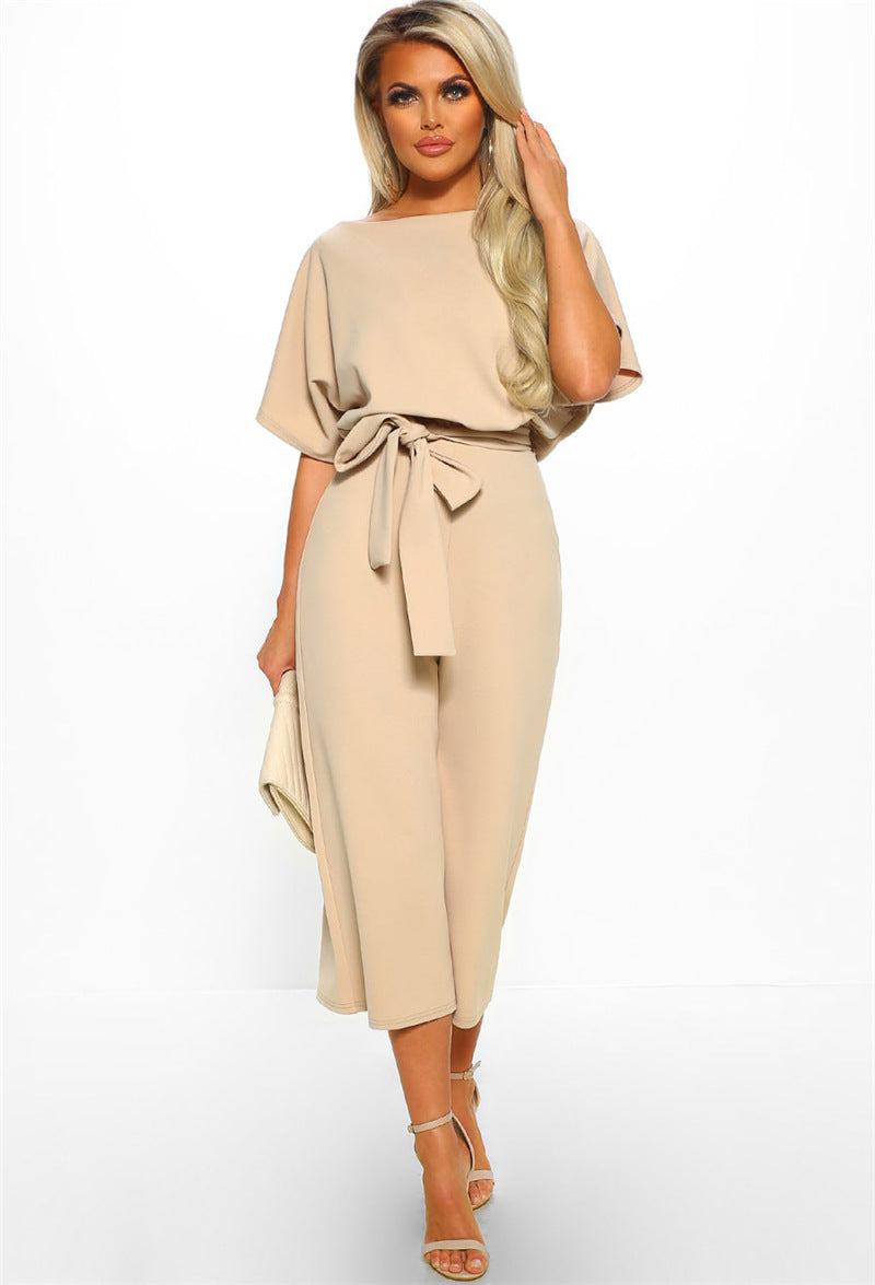 Women Summer Fashion with Belt Short Sleeve Jumpsuit 13