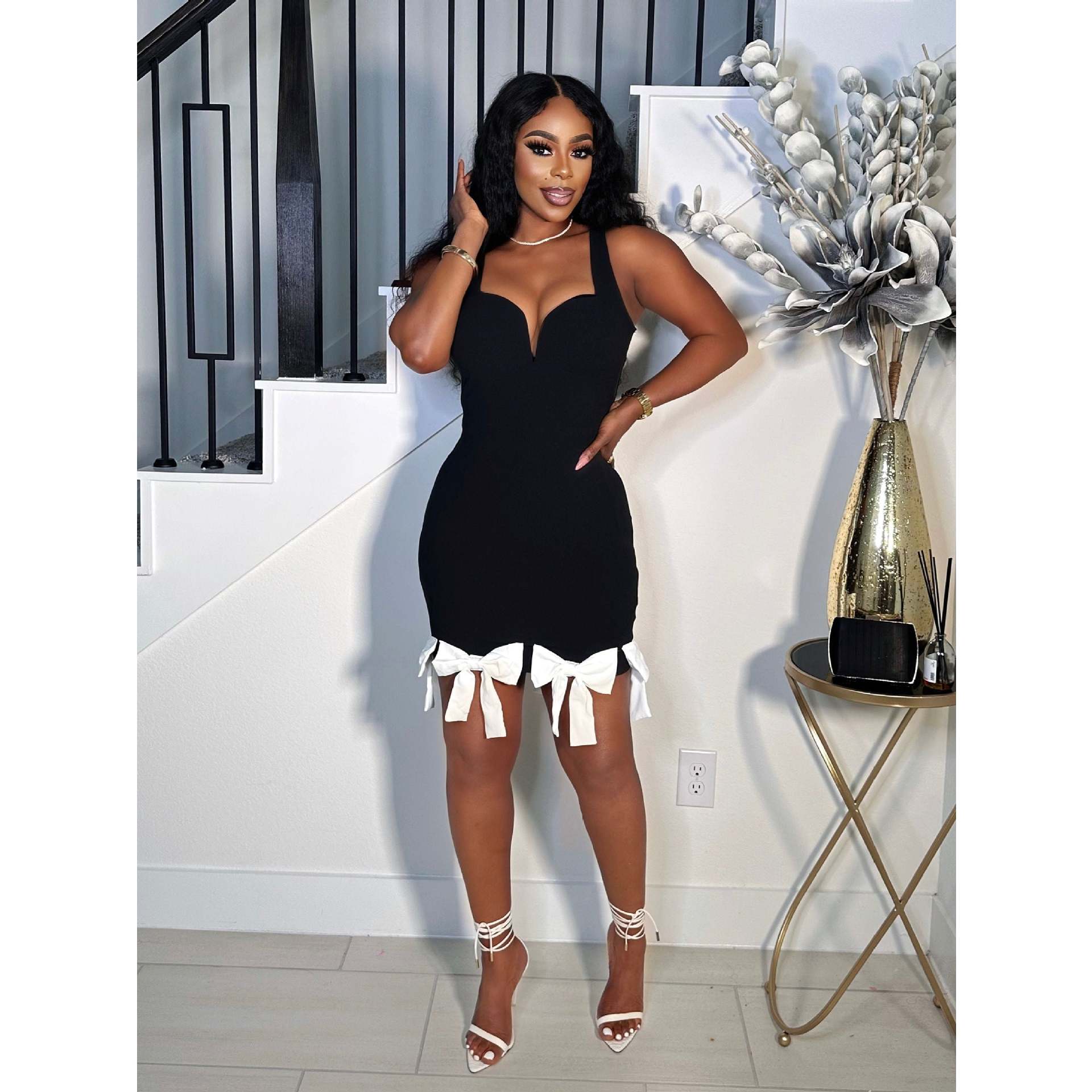 Women Metal V-Neck Sexy Suspender Bow Tassel Bodycon Dress 5