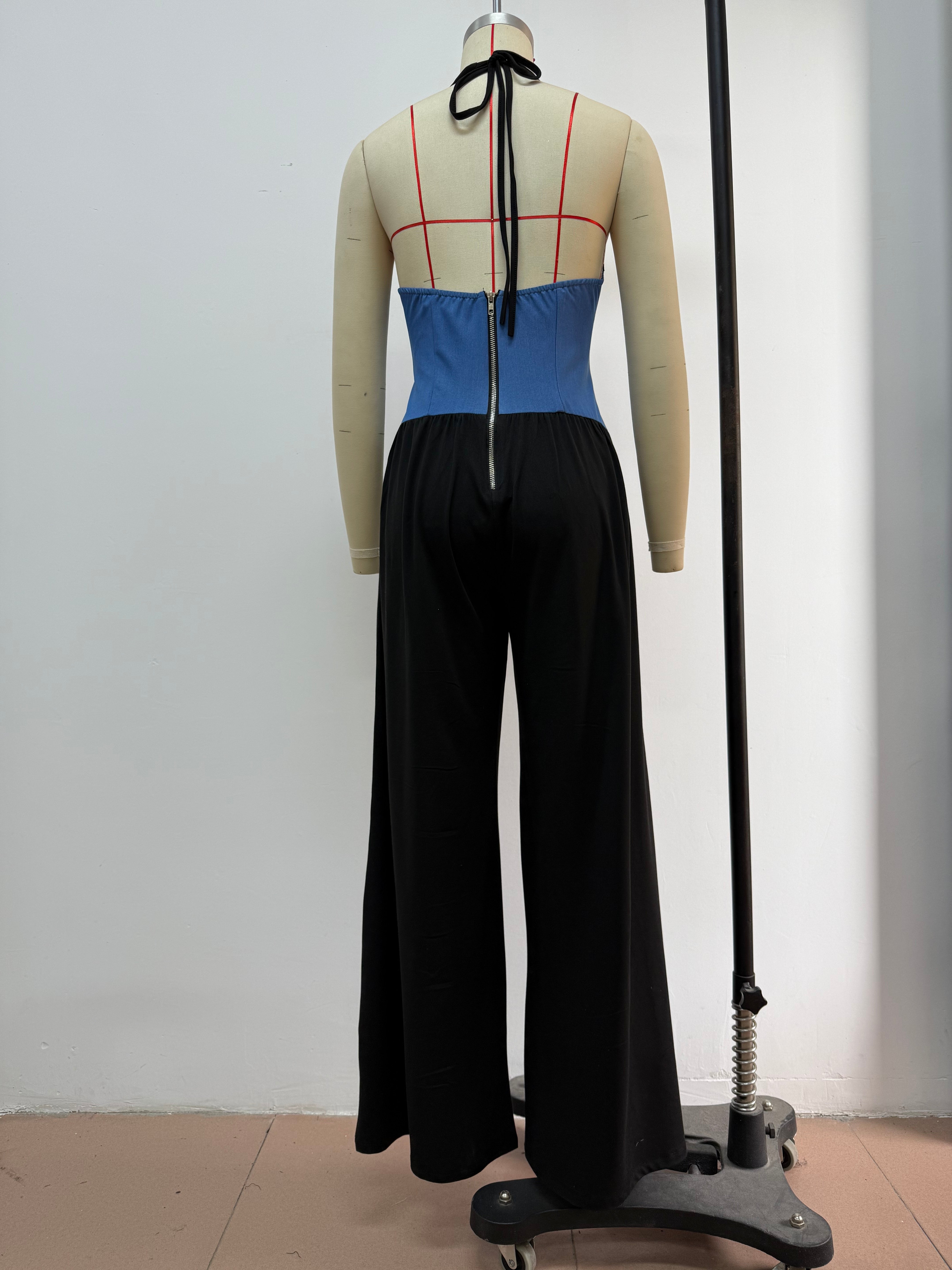 Women Halter Neck Sleeveless Patchwork Wide-leg Jumpsuits 6