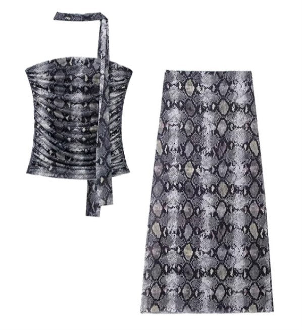 Women spring leopard print Strapless Top and Skirt two-piece set 4