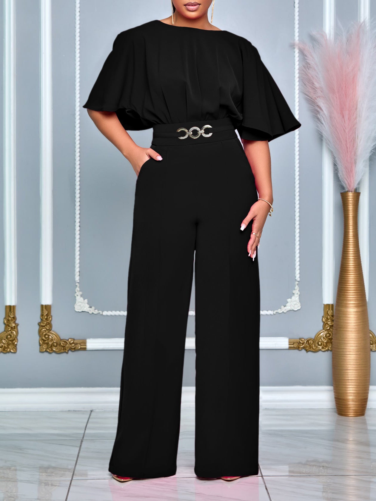 Plus Size African Women Summer Round Neck Solid Wide Leg Jumpsuit 9