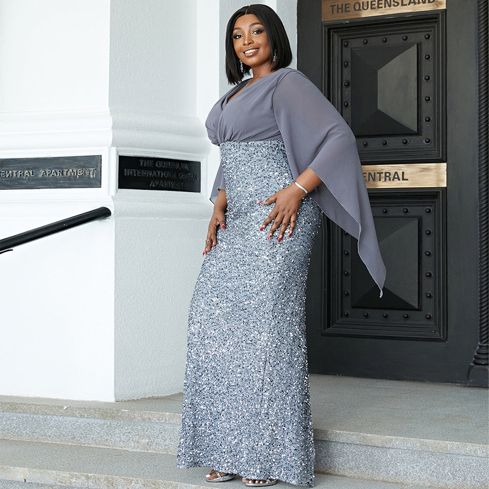 Plus Size Chic Sexy Sequined V-Neck Long Sleeve Formal Party Evening Dress Bridesmaid Dress For Women 5