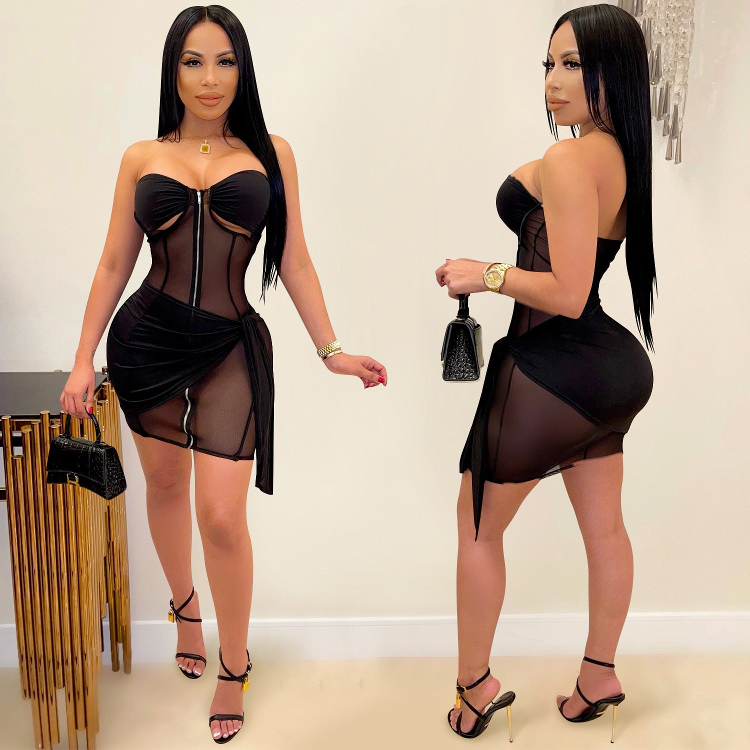 Women See-Through Zipper Hollow Lace-Up Sexy Backless Bodycon Dress 3