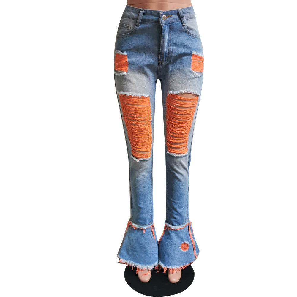 Women Ripped Tassel Denim Bell Bottom Pants 11