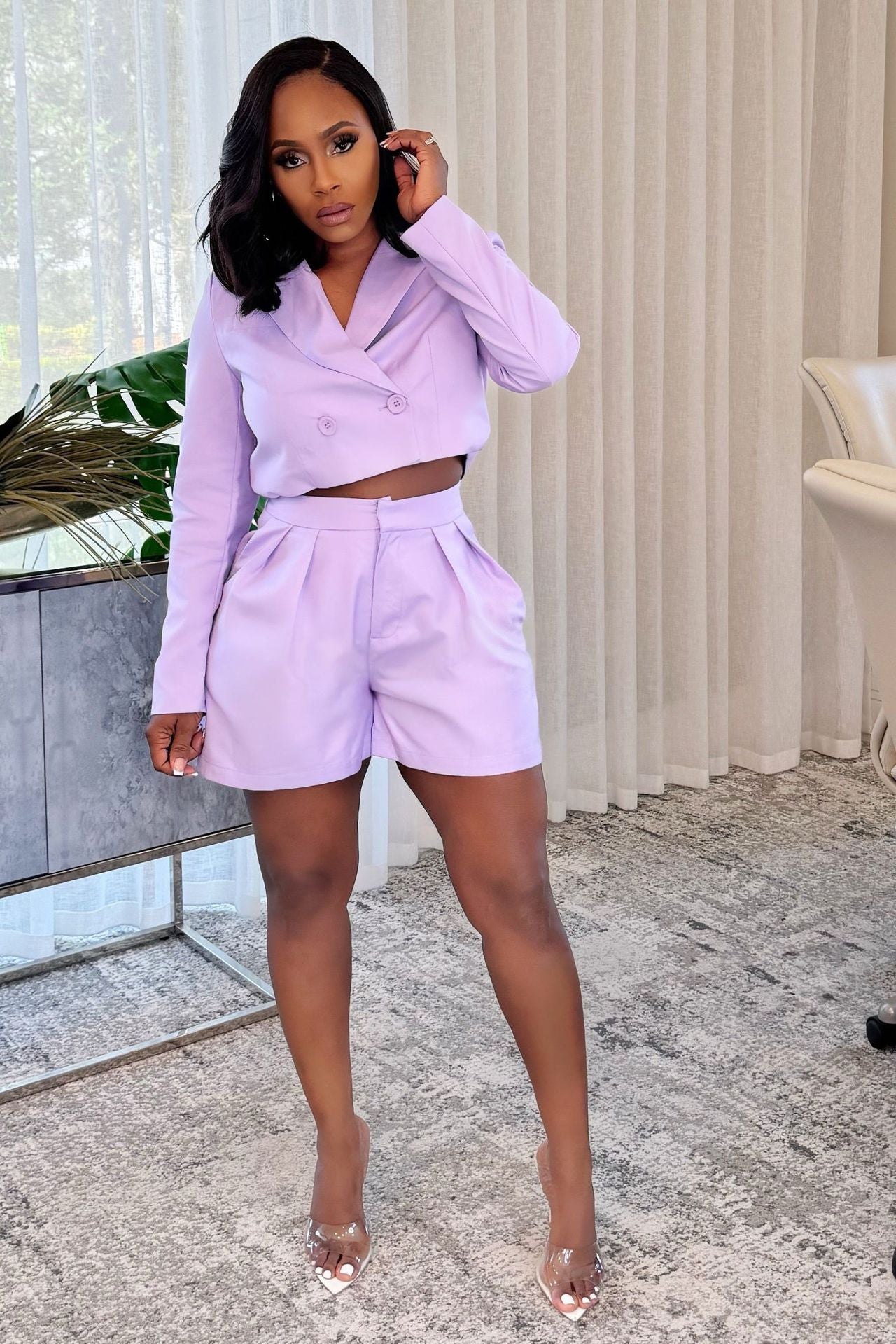 Women elegant Career Turndown Collar Long Sleeve Blazer and Shorts Two-piece Set