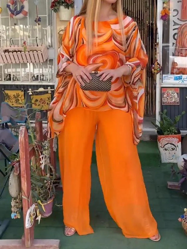 Women Summer Multi-Color print Chiffon Casual Round Neck loose top solid pants two-piece set 12