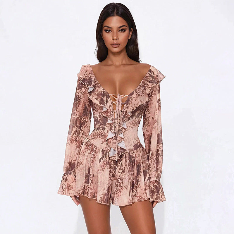 Women Summer/Autumn Ruffled Collar Long-Sleeved Mesh Leopard Print Off-The-Shoulder Pleated Dress 16