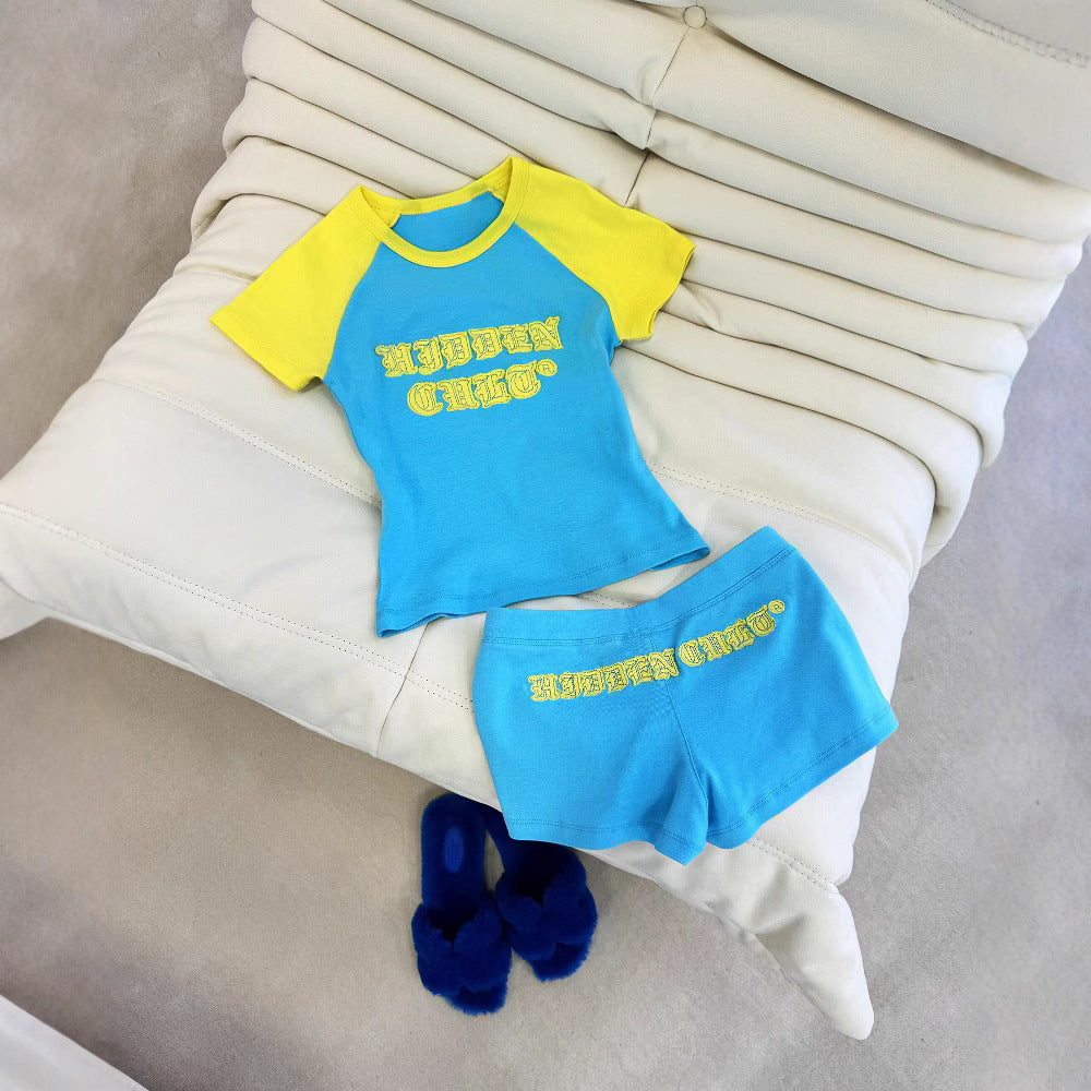 Women American style patchwork letter short-sleeved top and shorts two-piece set 8