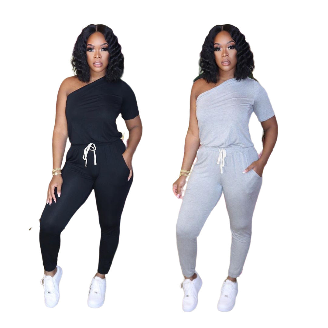 Sexy Women's Slash Shoulder Half Sleeve Solid Color Slim Fit Women's Sports Jumpsuit 9