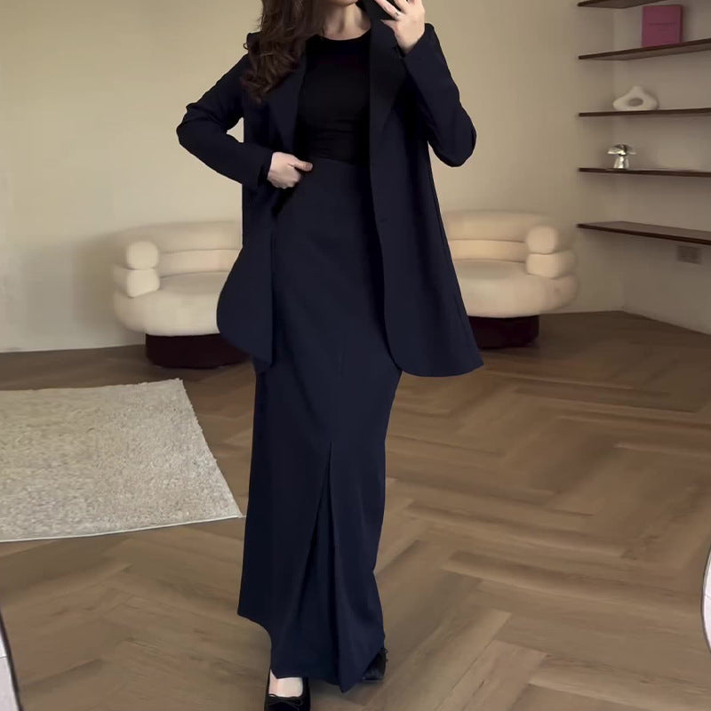 Women Fall Solid Lace-Up Blazer and Skirt Two-Piece Set 3