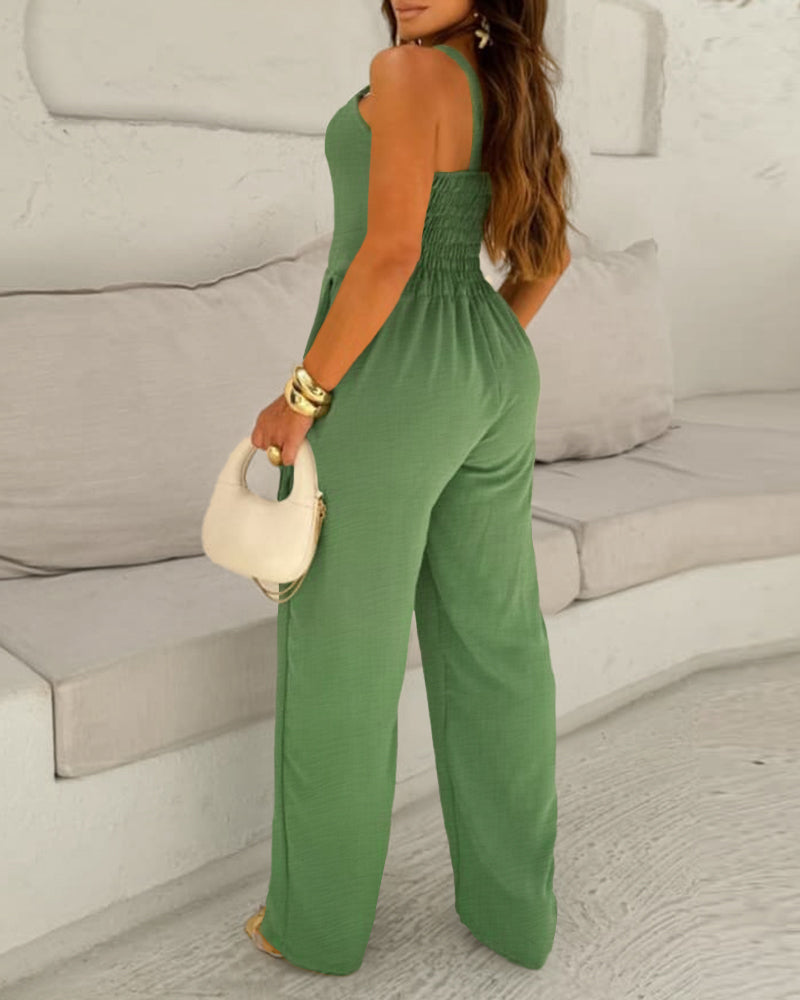 Women's solid color strap sexy slim waist wide-leg jumpsuit 4