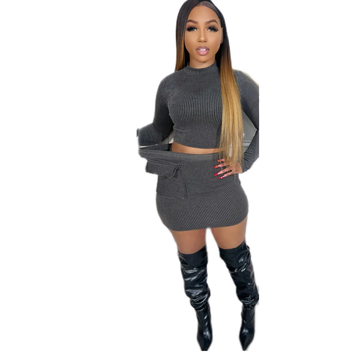 Women Long Sleeve Top and Bodycon Skirt Two-piece 5