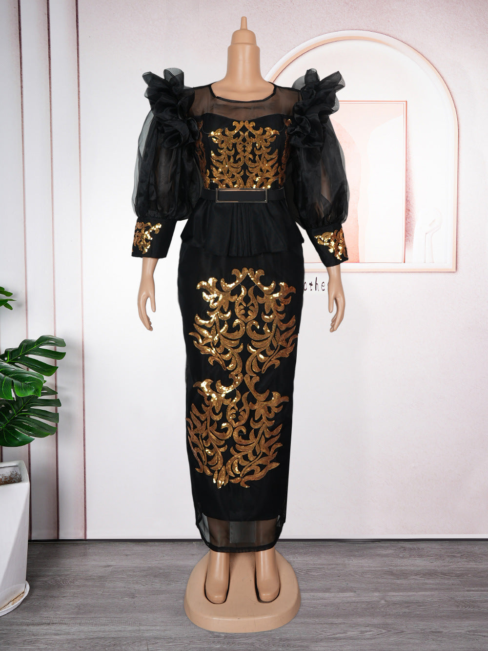 African Plus Size Women's Clothing Patchwork Bubble Sleeve Sequined High Waist Evening Dress 8