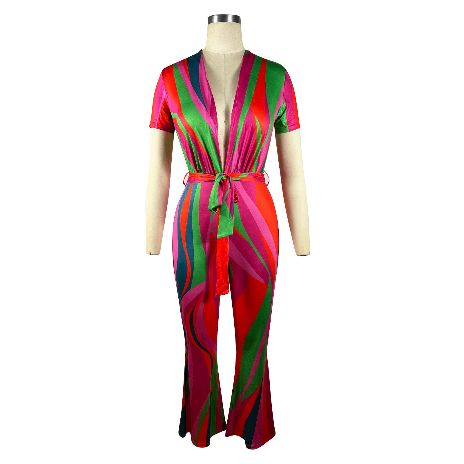 Women's Random Stripe Print V-Neck Short Sleeve Cargo Rompers 8