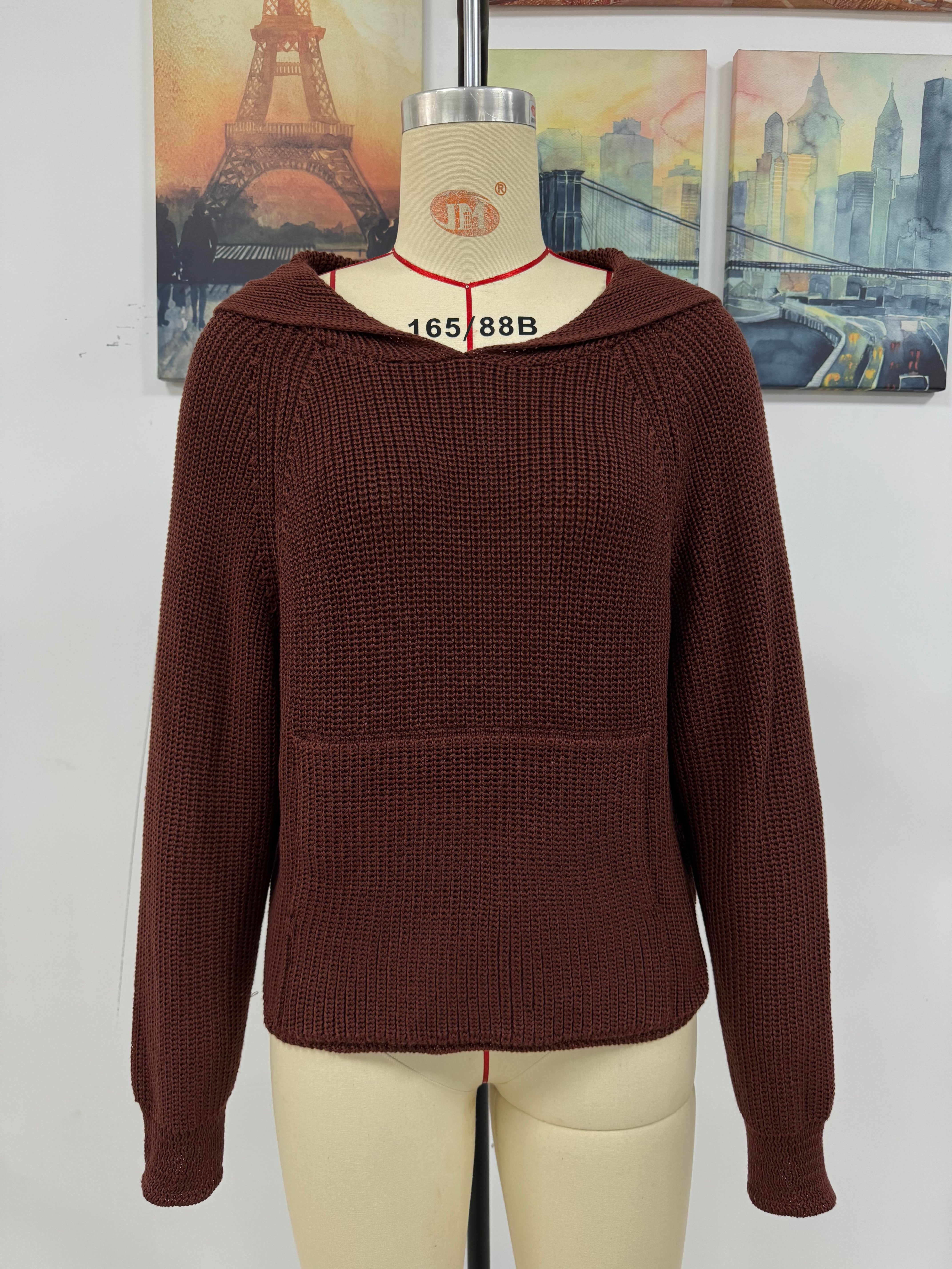 Women Autumn Winter Pullover Hooded Knitting Shirt Pocket Long Sleeve Five-Pointed Star Sweater 30