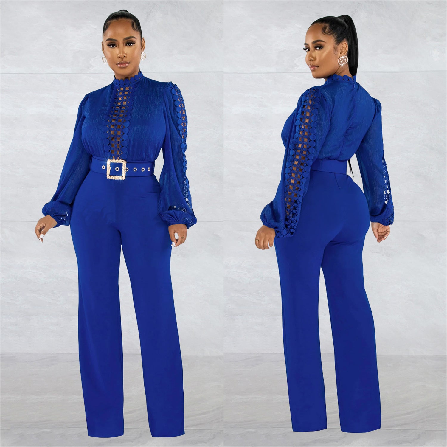 Women Belt Lace Cutout Solid Long Sleeve Jumpsuit 9