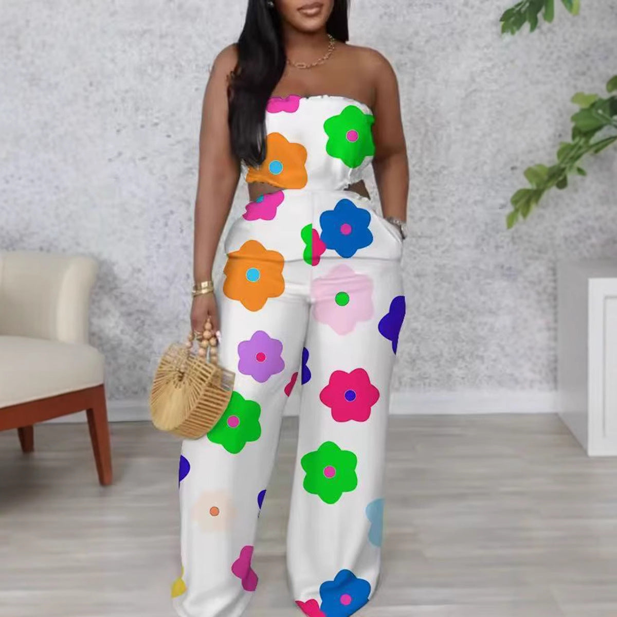 Women Elegant Strapless Printed Wide-leg Jumpsuit 6