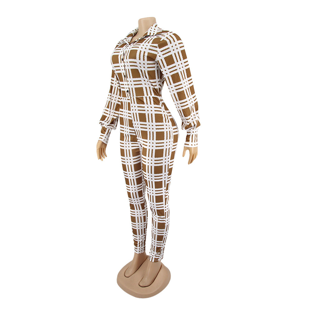 Fashionable Spring Turndown Collar Slim Puff Sleeve Women's Plaid Print Jumpsuit 14