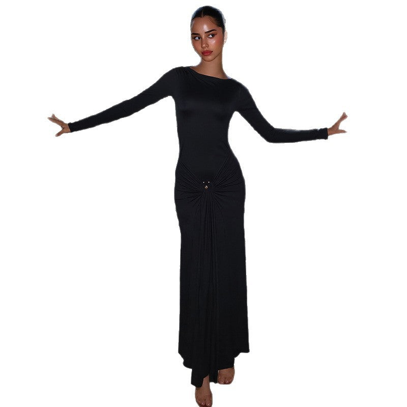 Women autumn/winter elegant solid long-sleeved metal ring lace-up dress Dresses 8