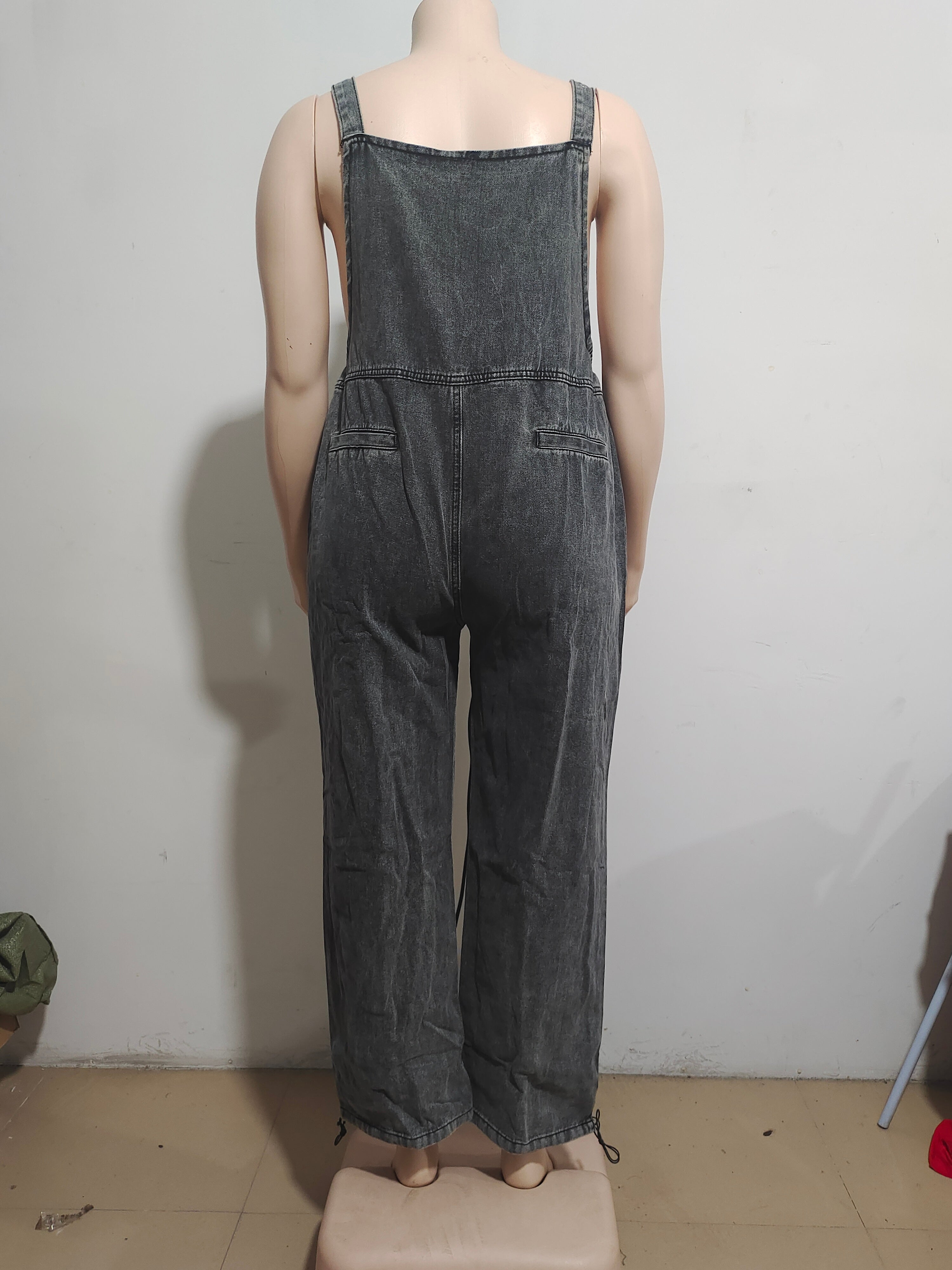 Women's Style Street Pocket Wide Leg Pants Loose Straps Denim Pants 9