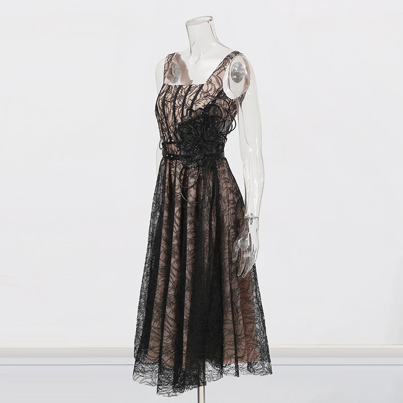 Women French Retro Summer Suspender Maxi Fishbone Lace Dress 8