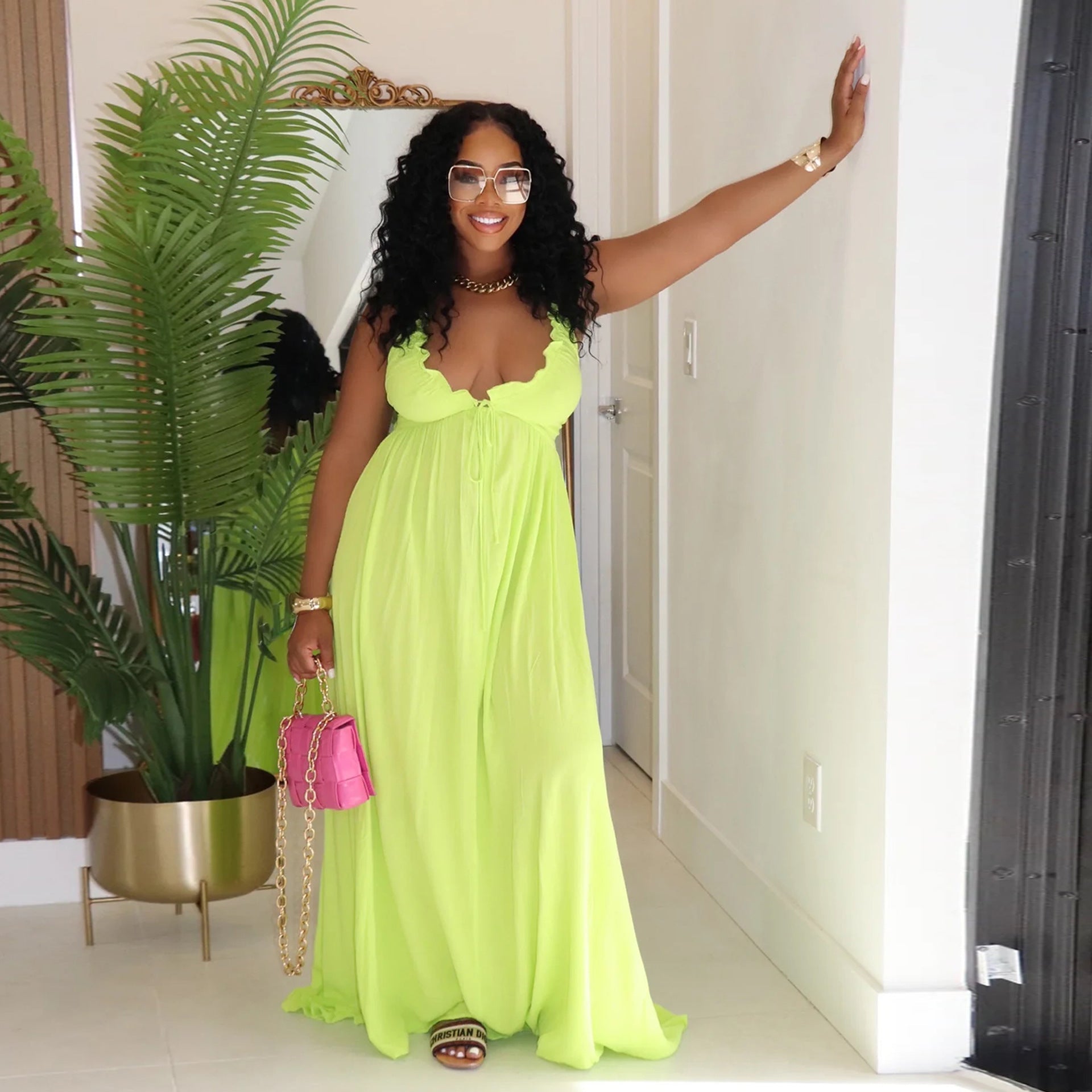 Women Casual Drawstring Lace V-Neck Solid Slip Dress 7