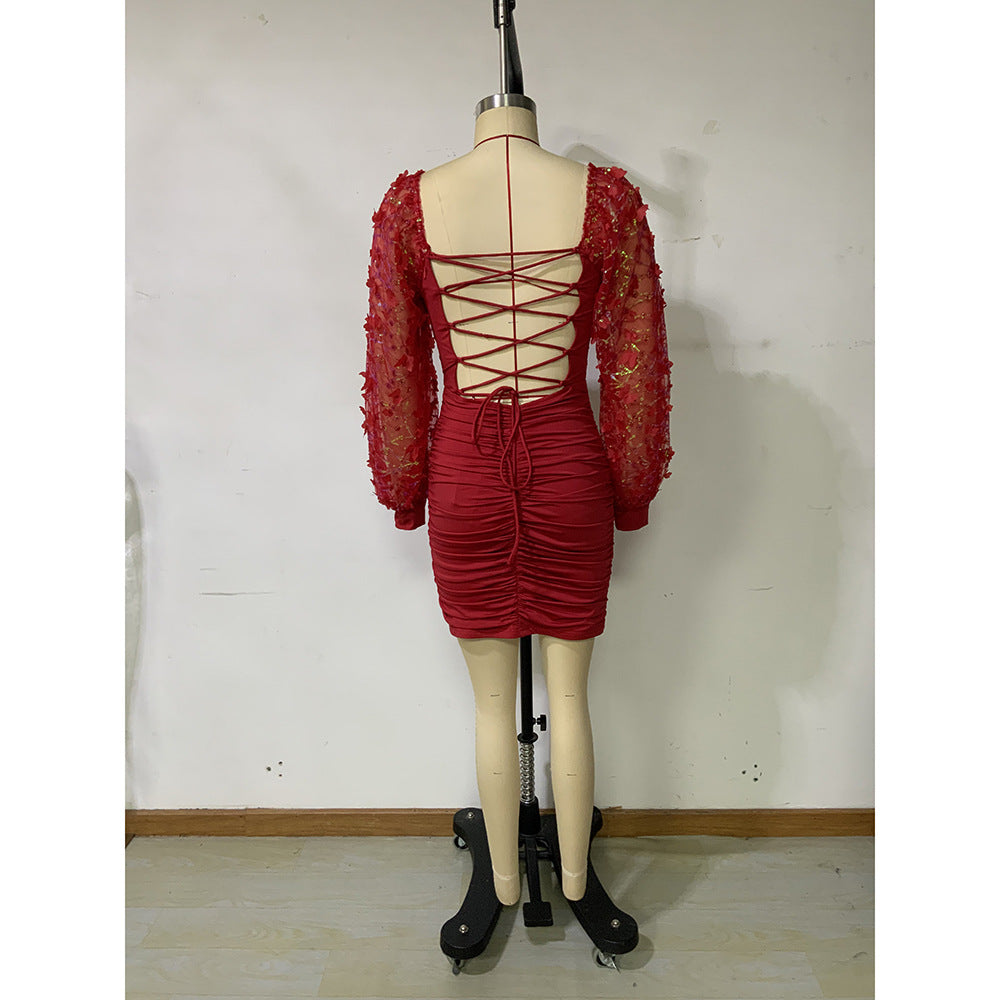 Autumn Winter Sexy Chic Dress Butterfly Sequin Lantern Sleeve Long Sleeve Party Nightclub Dress 10