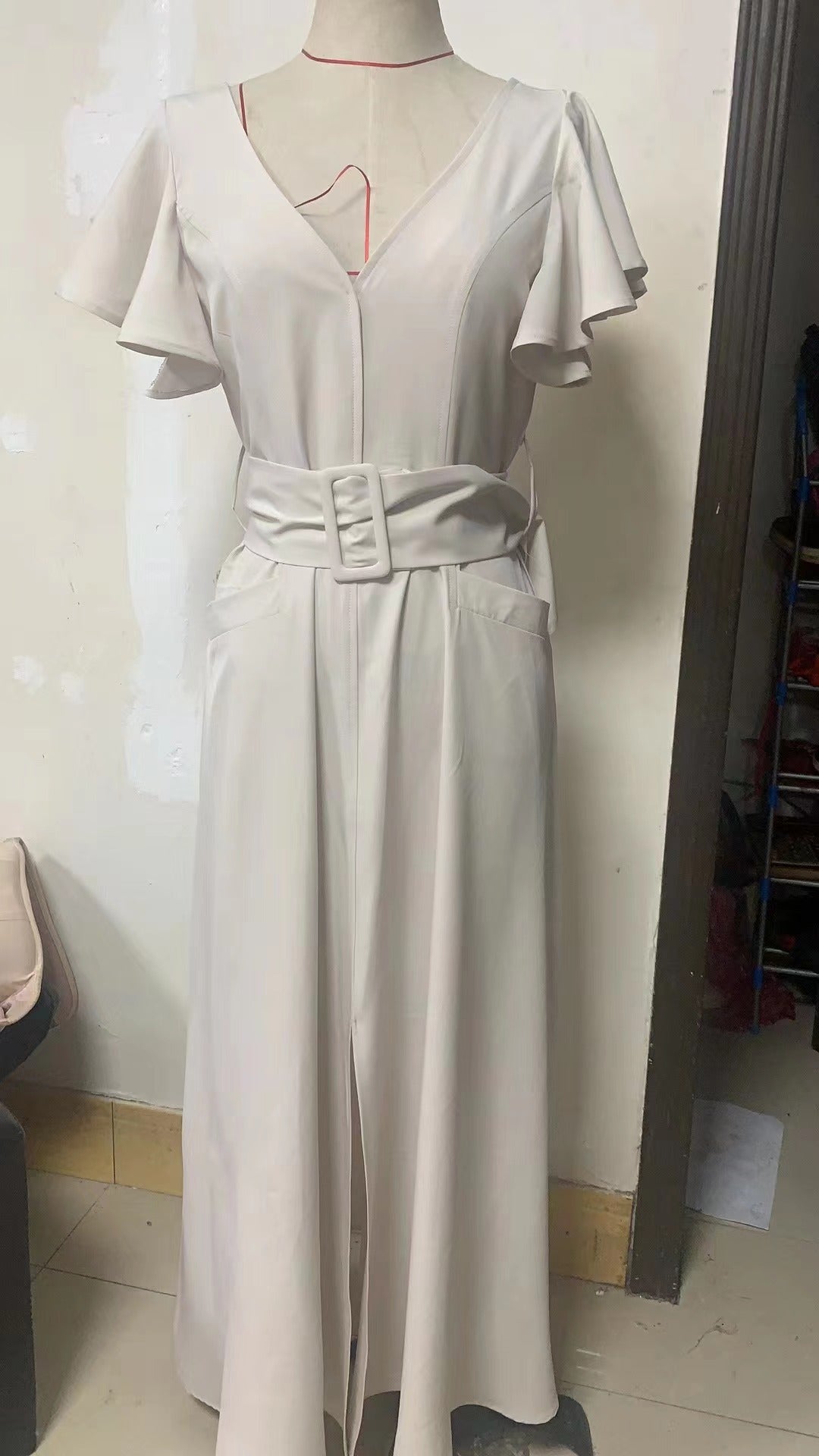 V Neck Dress Solid Color Ruffle Sleeve Maxi Dress Chic Career Slim Waist Dress 6