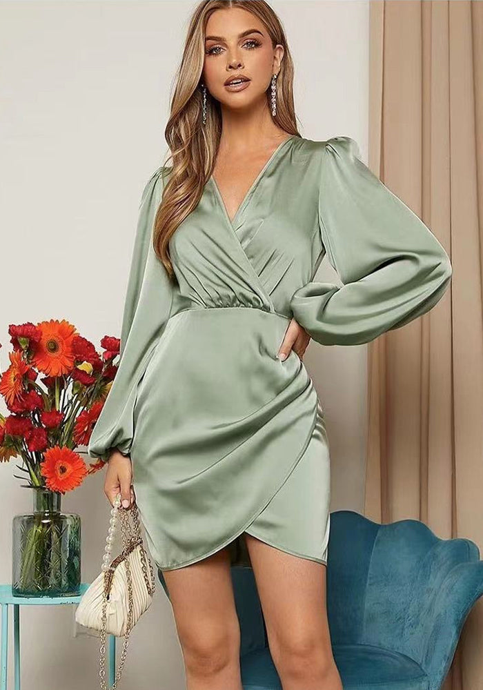 Women V Neck Cross Long Sleeve Dress