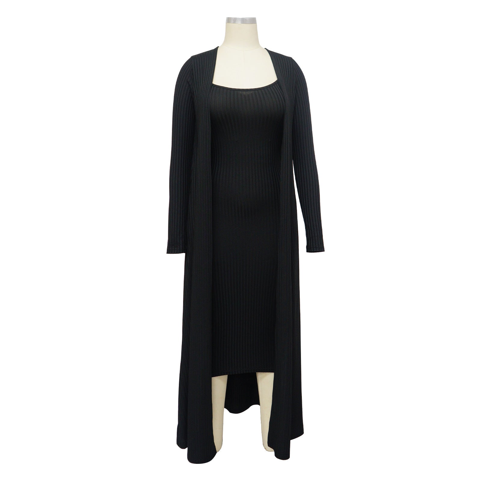 Women Ribbed Long Sleeve Robe and U-neck Suspender Midi Dress Two-piece Set 22