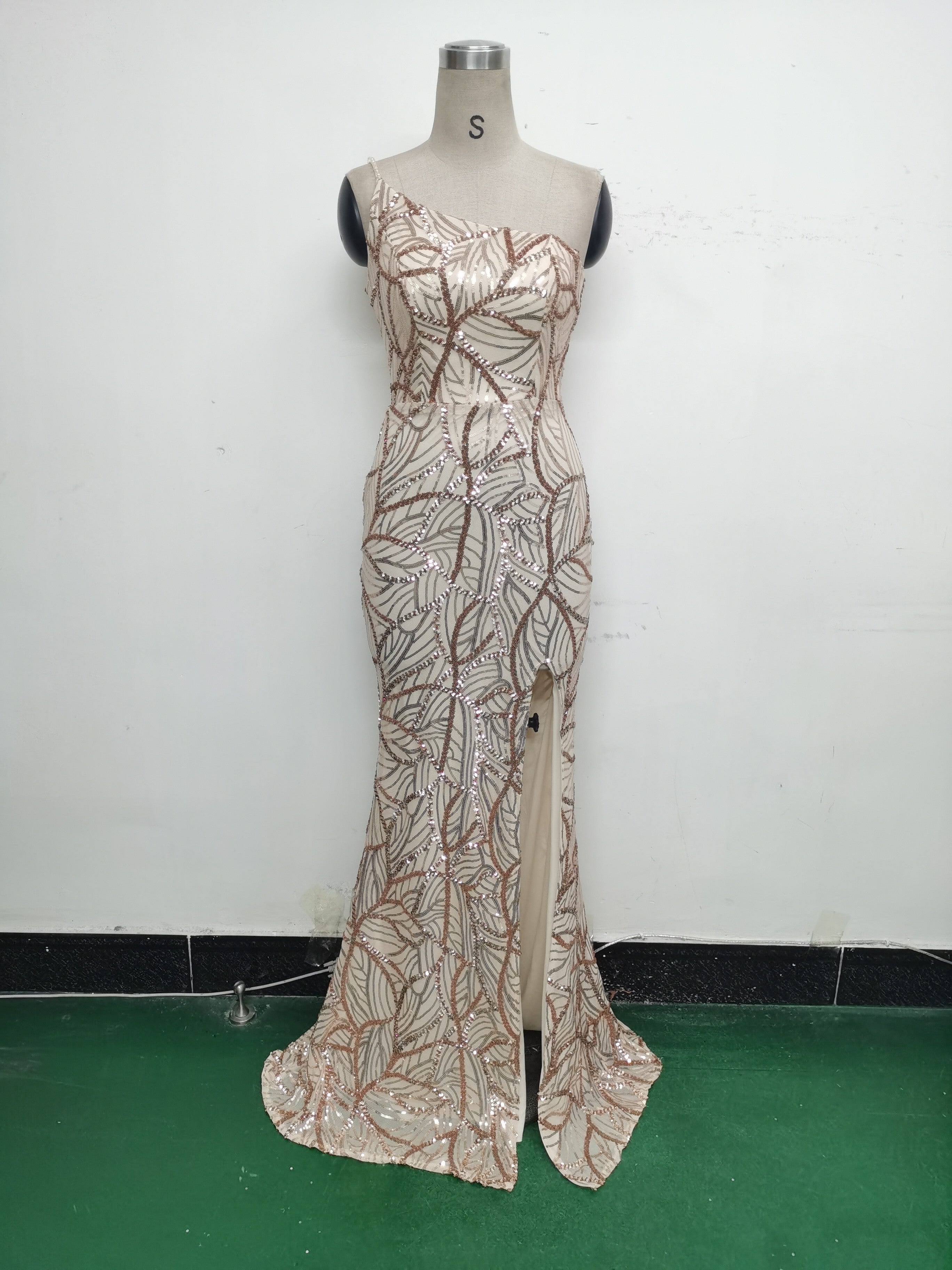 Women One Shoulder Beaded Geometric Sequin Formal Party Prom Wedding Evening Dress 39